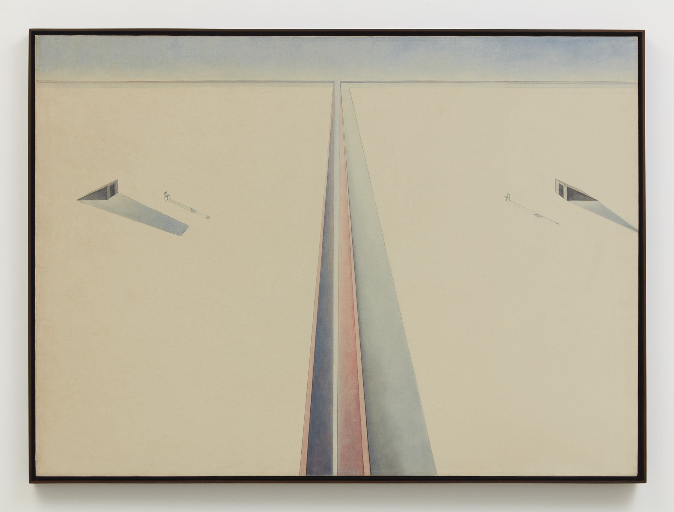 Gerhardt Liebmann, <i>Two roofs</i>, 1977. Acrylic on canvas, 48 x 66 in (121.9 x 167.6 cm) 